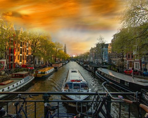 Straatbeeld van een rustige Amsterdamse buurt met karakteristieke herenhuizen en bomenrijen